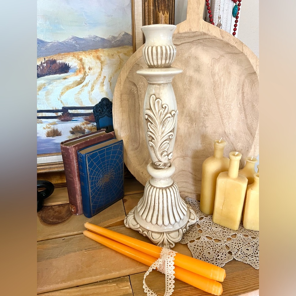 ITALIAN POTTERY Tapered Candle Holder SHABBY CHIC White Brown Wash Carrarro